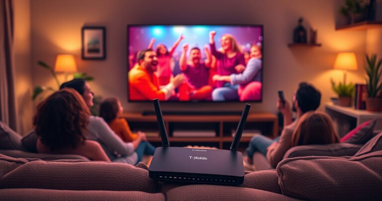 A cozy living room scene featuring a family gathered around a large TV, with a glowing screen displaying a vibrant movie. Soft, warm lighting illuminates the space, highlighting plush sofas and a bowl of popcorn. In the background, a T-Mobile Home Internet router sits proudly on a shelf, surrounded by books and plants, symbolizing connectivity.