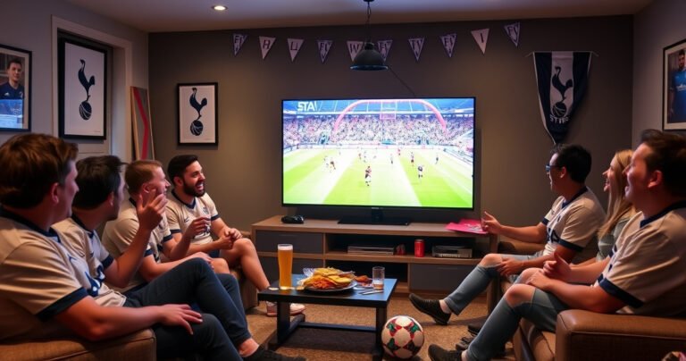 A cozy living room scene with a large flat-screen TV displaying a vibrant Tottenham Hotspur match. Excited fans wearing Spurs jerseys are gathered, snacks and drinks scattered around. The atmosphere is electric, with team banners and a football on the floor, capturing the essence of game day anticipation and camaraderie.