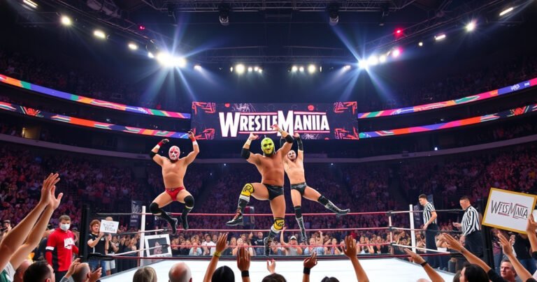 A dynamic wrestling scene unfolds in a packed arena, showcasing colorful masked wrestlers performing high-flying moves. Bright spotlight beams illuminate the ring, while enthusiastic fans wave banners and cheer. In the background, a giant screen displays the WrestleMania logo, capturing the electrifying atmosphere. The energy is palpable, showcasing the excitement of a live wrestling event.