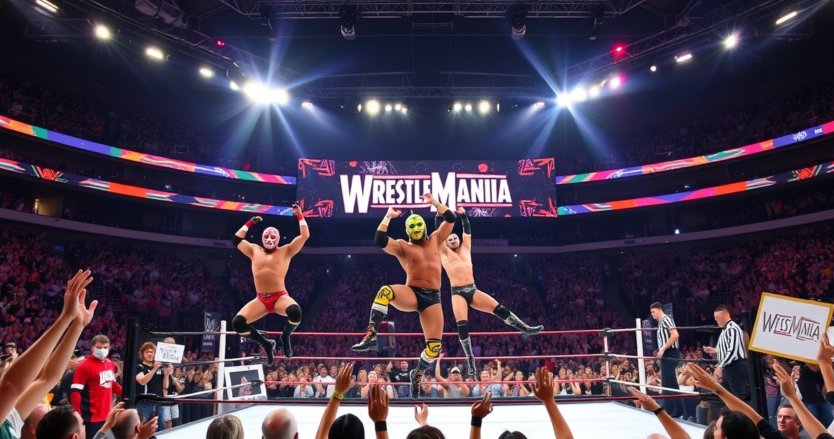 A dynamic wrestling scene unfolds in a packed arena, showcasing colorful masked wrestlers performing high-flying moves. Bright spotlight beams illuminate the ring, while enthusiastic fans wave banners and cheer. In the background, a giant screen displays the WrestleMania logo, capturing the electrifying atmosphere. The energy is palpable, showcasing the excitement of a live wrestling event.