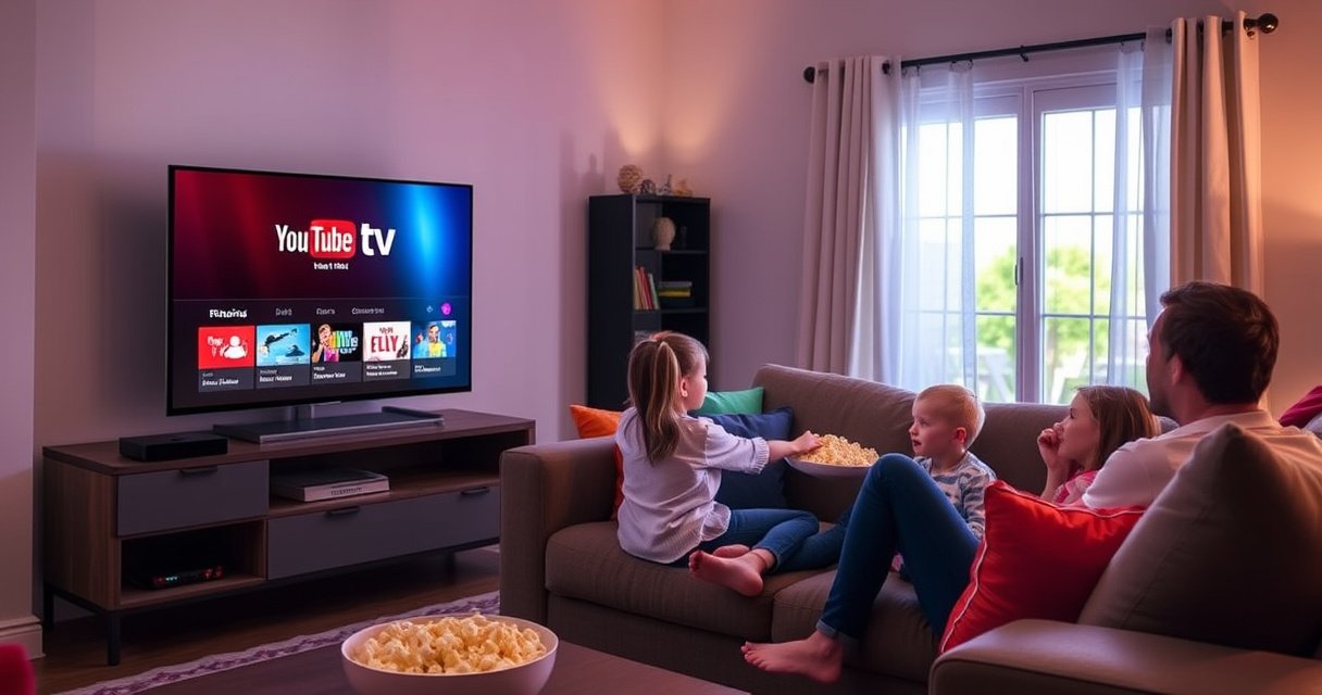 A cozy living room scene with a sleek Apple TV displayed on a modern TV stand, glowing softly. A family of four, gathered on a plush couch, excitedly watching YouTube TV on the screen, vibrant colors illuminating their faces. Bright cushions and a bowl of popcorn add warmth, creating an inviting atmosphere for streaming fun.