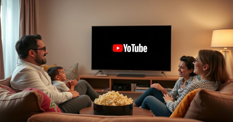 A cozy living room scene with a sleek Apple TV displaying the YouTube logo on a big screen, surrounded by a comfortable sofa, soft lighting, and a bowl of popcorn. A family sits together, smiling and enjoying their time, with colorful cushions and a warm ambiance that invites viewers to relax and watch together.