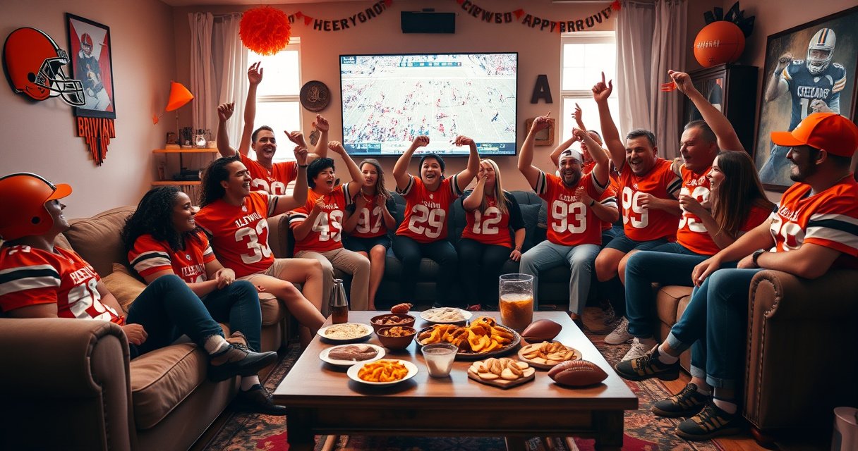 A vibrant living room scene with a cozy couch, snacks spread across a coffee table, and a large screen displaying a live football game. The room is adorned with Cleveland Browns memorabilia, orange and brown decorations, and excited fans wearing jerseys, all cheering joyfully, with the mood of anticipation and camaraderie palpable in the air.