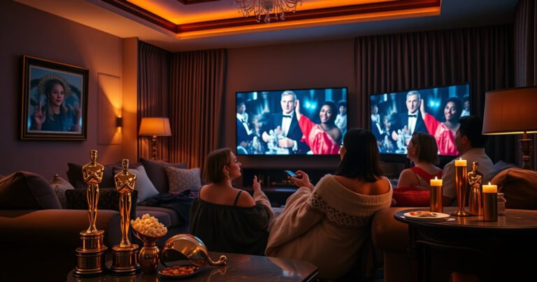 A cozy living room with a plush sofa, dim lighting, and a large screen displaying the Oscars. Golden trophies gleam on a nearby table, while popcorn and snacks are artfully arranged. A person, excitedly holding a remote, sits with a cozy blanket, surrounded by friends, all dressed in elegant outfits, ready for the celebration.