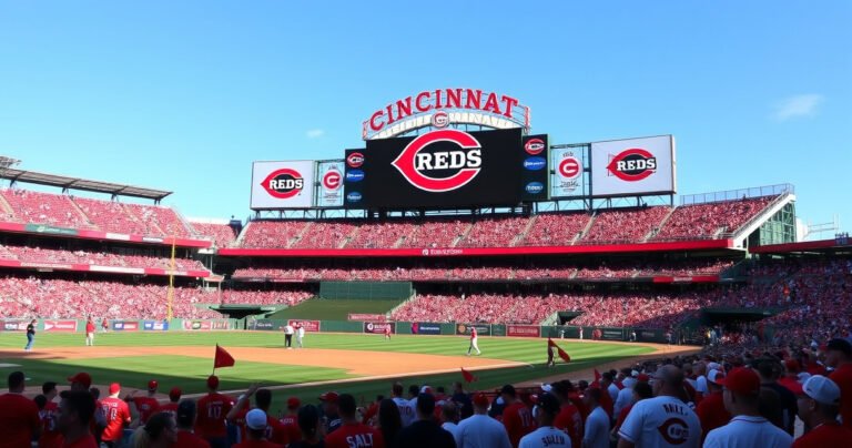 A vibrant baseball stadium filled with enthusiastic fans, wearing red jerseys and waving flags, under a clear blue sky. The iconic Cincinnati Reds logo is displayed prominently on a large scoreboard, while players warm up on the field. The atmosphere is electric, capturing the excitement of game day and the anticipation of watching the Reds on MLB TV.