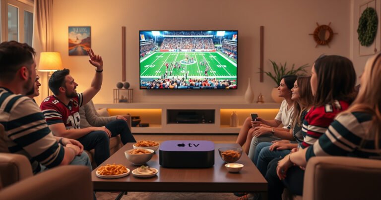 A cozy living room setting with a sleek Apple TV prominently displayed, surrounded by excited friends in team jerseys, snacks scattered on a coffee table, a big screen showing a vibrant Super Bowl game, warm lighting creating a festive atmosphere, and a football-themed decor adding to the excitement of the moment.