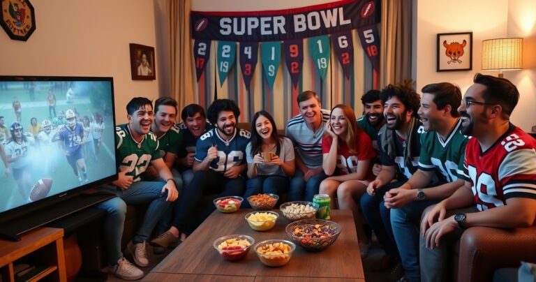 A cozy living room scene filled with excited friends gathered around a large TV, colorful snacks on the coffee table, wearing jerseys and face paint, the glow of the screen illuminating their faces, a football-themed banner hanging in the background, capturing the thrill and camaraderie of watching the Super Bowl together.