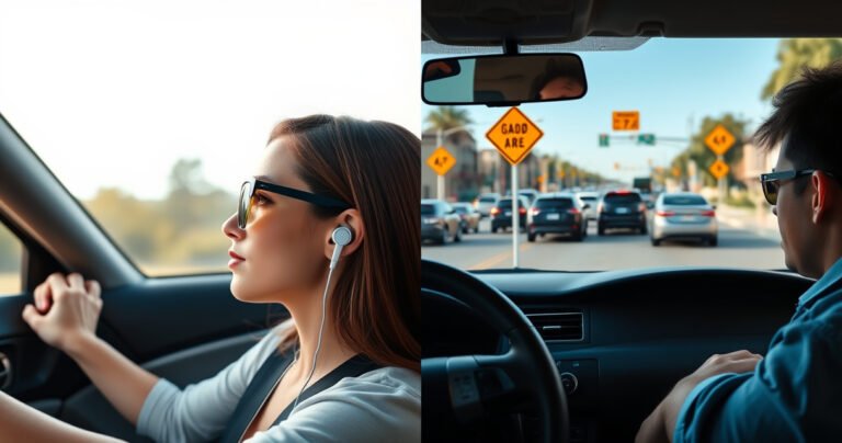 A split scene showing a serene driver on one side, wearing stylish earphones with a focused expression, and on the other side, a chaotic street with honking cars and a distracted driver. Bright colors contrast safety and danger, with clear road signs emphasizing rules, creating an engaging visual narrative about driving safety and earphone use.