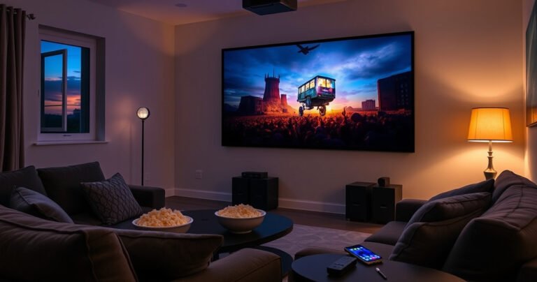 A cozy living room with a large projector displaying a vibrant movie scene on a blank wall, surrounded by plush seating, popcorn bowls, and dim ambient lighting. A side table holds a remote and a glowing smartphone, while a window reveals a twilight sky, hinting at an inviting cinematic experience in a home setting.
