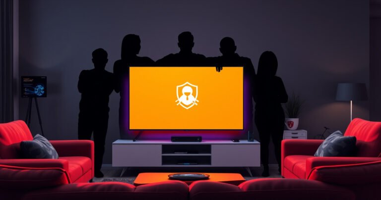 A sleek, modern living room showcases a vibrant Smart TV displaying a warning screen with a digital virus icon. Shadows of worried family members loom over the couch, with protective gadgets like antivirus software boxes and firewalls in the background. Bright colors juxtapose against the darkened room, emphasizing the tension between technology and safety.