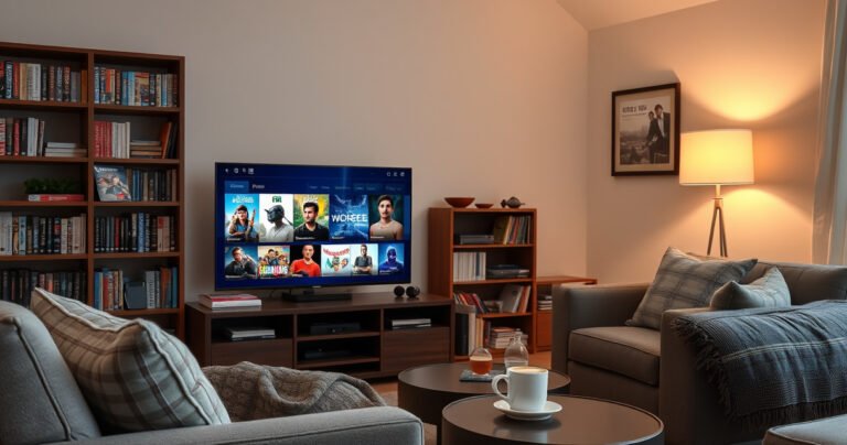 A cozy living room featuring a sleek smart TV displaying vibrant offline content, surrounded by comfortable furnishings. A bookshelf filled with DVDs and games, a warm glow from a nearby lamp, and a steaming cup of coffee on a side table, embodying a sense of entertainment without the internet, inviting curiosity and exploration.
