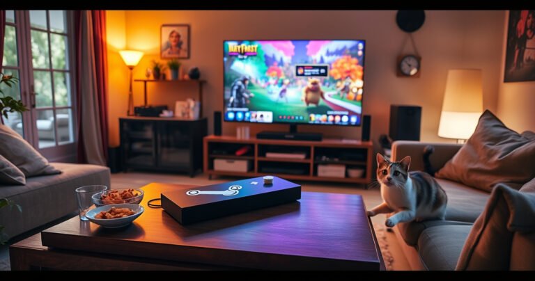A cozy living room with a Steam Deck resting on a coffee table, surrounded by snacks and a vibrant gaming setup. A large TV displays colorful game graphics, with a playful cat lounging nearby. Warm ambient lighting creates an inviting atmosphere, showcasing the joy of gaming together on the big screen.