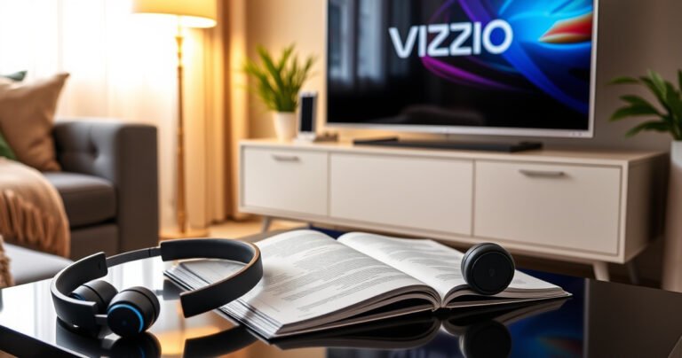 A cozy living room scene featuring a sleek Vizio TV on a stylish media console, surrounded by modern decor. A pair of elegant Bluetooth headphones rests on a nearby table, with a warm glow from a floor lamp illuminating the space. A user-friendly guidebook is open, hinting at easy connectivity, evoking a sense of comfort and technology.