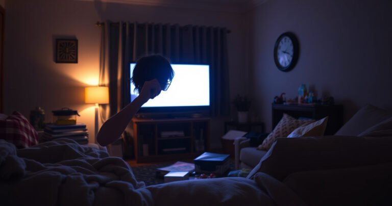 A dimly lit living room with a person squinting at a brightly glowing television screen, surrounded by scattered eye care products. The room is cluttered with a cozy blanket and snacks, while a clock shows late hours. Eye strain depicted visually with exaggerated, tired eyes and a faint blue light emanating from the screen, creating a sense of discomfort.