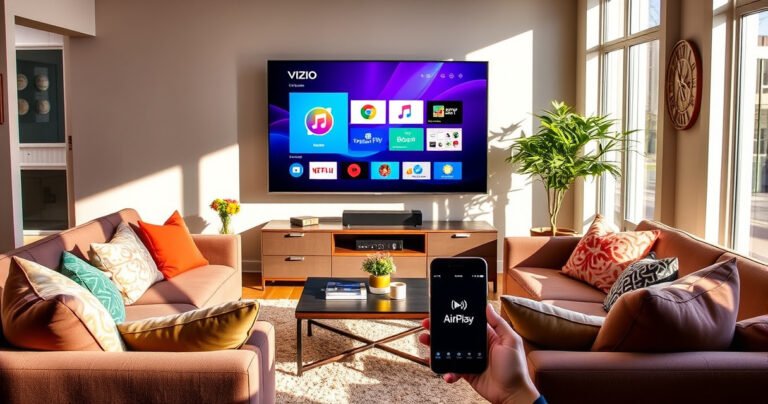 A modern living room scene featuring a sleek Vizio TV displaying a vibrant AirPlay interface, surrounded by cozy furniture, colorful cushions, and a stylish coffee table. Sunlight streams through large windows, casting warm shadows, while a smartphone rests nearby, showing the AirPlay option. The atmosphere is inviting, blending technology with comfort and entertainment.