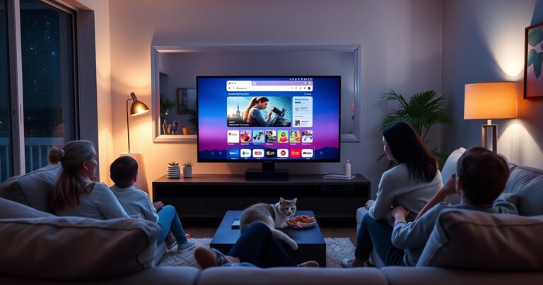 A cozy living room featuring a sleek smart TV displaying a vibrant web browser interface, surrounded by modern furniture. Soft ambient lighting highlights a family enjoying a movie night, snacks scattered around, while a cat lounges on the couch. A window reveals a starry night sky, enhancing the inviting atmosphere of tech and relaxation.