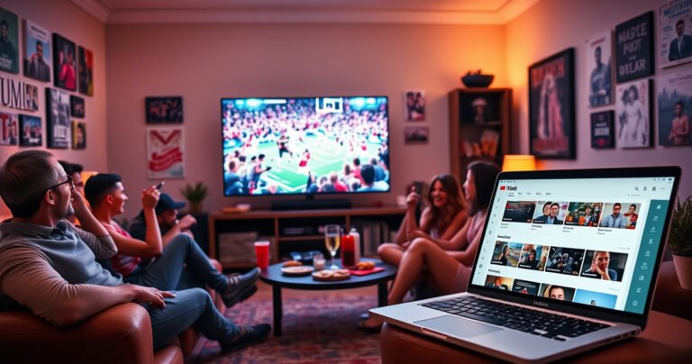 A vibrant living room with a large TV screen displaying a thrilling sports event, surrounded by excited friends with snacks and drinks, colorful posters on the walls, soft lighting creating a cozy atmosphere, and a laptop open showing YouTube TV’s interface, highlighting pay-per-view options, emphasizing a fun, interactive viewing experience.