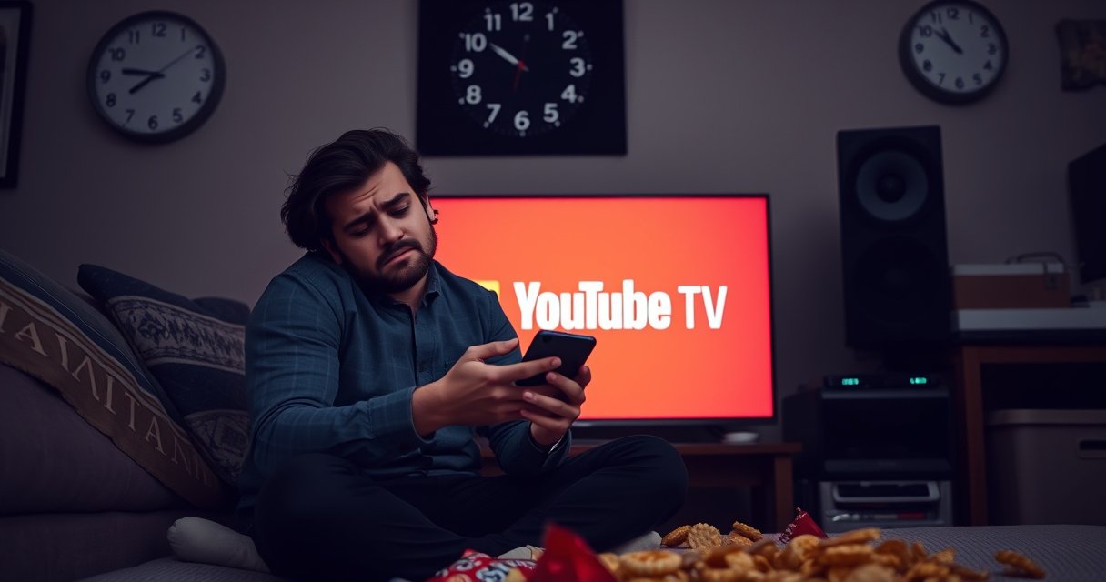 A frustrated individual sitting on a couch, surrounded by scattered snacks and a glowing TV screen displaying the YouTube TV logo. The room is dimly lit, with a clock on the wall showing a countdown. An expression of urgency and confusion on their face as they hold a smartphone, contemplating the cancellation process.