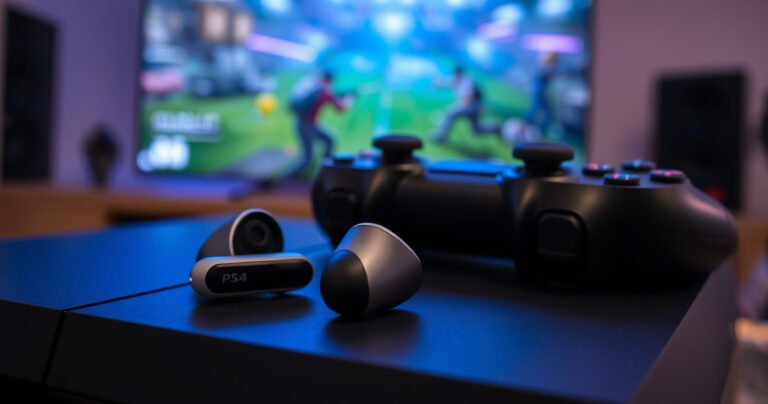 A close-up of sleek, modern wireless earbuds resting on a PS4 console, illuminated by a soft blue glow from the console’s light. In the background, a gaming controller lies casually, with a vibrant gaming scene visible on a large screen, showcasing a thrilling multiplayer match. The ambiance is tech-savvy and inviting.