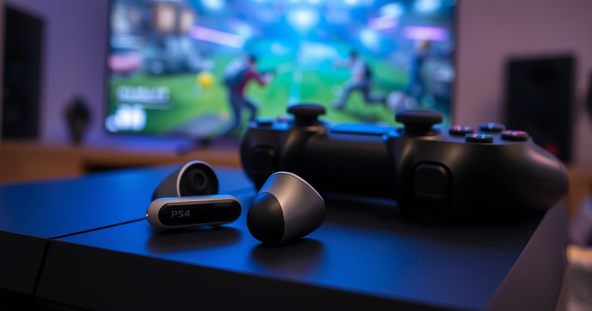 A close-up of sleek, modern wireless earbuds resting on a PS4 console, illuminated by a soft blue glow from the console’s light. In the background, a gaming controller lies casually, with a vibrant gaming scene visible on a large screen, showcasing a thrilling multiplayer match. The ambiance is tech-savvy and inviting.