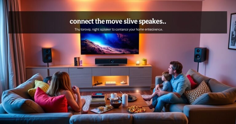 A cozy living room scene featuring a sleek flat-screen TV mounted on the wall, vibrant sound speakers placed strategically around the room, warm ambient lighting, a plush couch with colorful throw pillows, a coffee table with snacks and drinks, and a family enjoying a movie night, illustrating the joy of connecting speakers to enhance the home entertainment experience.