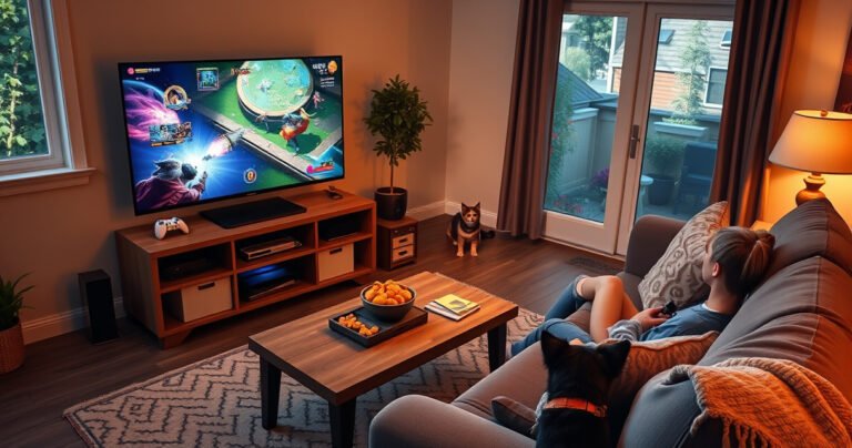 A cozy living room scene featuring a Steam Deck connected to a large TV, vibrant game graphics illuminating the screen, a comfy couch with snacks on the side table, warm lighting casting a welcoming glow, and playful pets nearby, all capturing the joy of gaming together in a relaxed atmosphere.