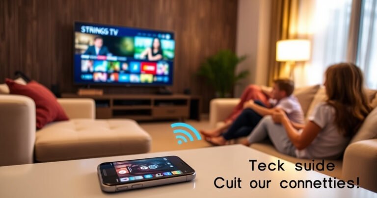 A modern living room with a sleek smart TV displaying vibrant streaming content, surrounded by cozy furniture. A smartphone on a coffee table shows a Wi-Fi hotspot symbol, while a family enjoys a movie night, illuminated by the warm glow of the screen. The atmosphere is inviting and tech-savvy, perfect for a quick guide on connectivity.