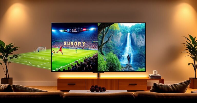 A sleek Samsung TV displaying a vibrant split screen: one side showcasing a thrilling sports game with cheering fans, the other side highlighting a serene nature documentary featuring lush forests and gentle waterfalls, all set in a modern living room with cozy furnishings and warm lighting, inviting viewers to explore multitasking entertainment.