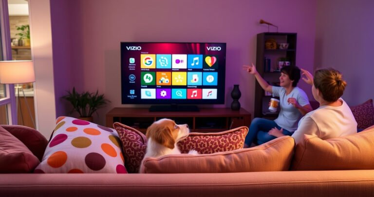 A vibrant living room scene featuring a sleek Vizio TV displaying colorful app icons. A cozy couch with playful throw pillows is in the foreground, while a curious pet lounges nearby, and a family member gestures excitedly towards the screen, surrounded by a warm, inviting ambiance with soft lighting and a hint of snacks on a nearby table.