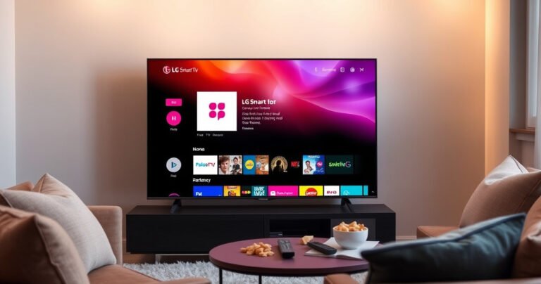 A sleek LG Smart TV displaying a vibrant interface with the Philo app prominently featured. Surrounding the TV, a cozy living room setting with soft lighting, plush cushions, and a small coffee table scattered with remote controls and snacks, inviting viewers to explore streaming options in a relaxed atmosphere.