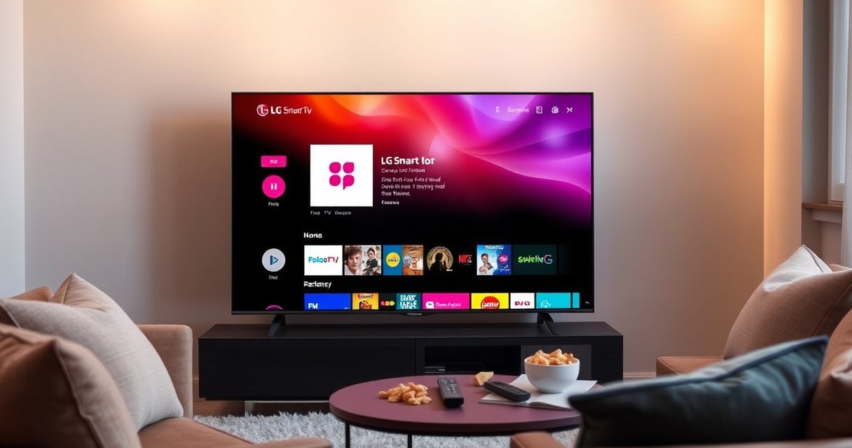 A sleek LG Smart TV displaying a vibrant interface with the Philo app prominently featured. Surrounding the TV, a cozy living room setting with soft lighting, plush cushions, and a small coffee table scattered with remote controls and snacks, inviting viewers to explore streaming options in a relaxed atmosphere.