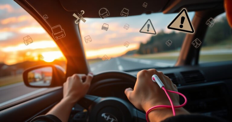 A close-up of a driver's hands gripping a steering wheel, with vibrant earphones plugged in, the road ahead blurred in motion. Surrounding the scene, subtle icons of safety tips like seatbelts and warning signs float, contrasting with a serene sunset reflecting through the car windows, evoking a sense of caution and adventure.