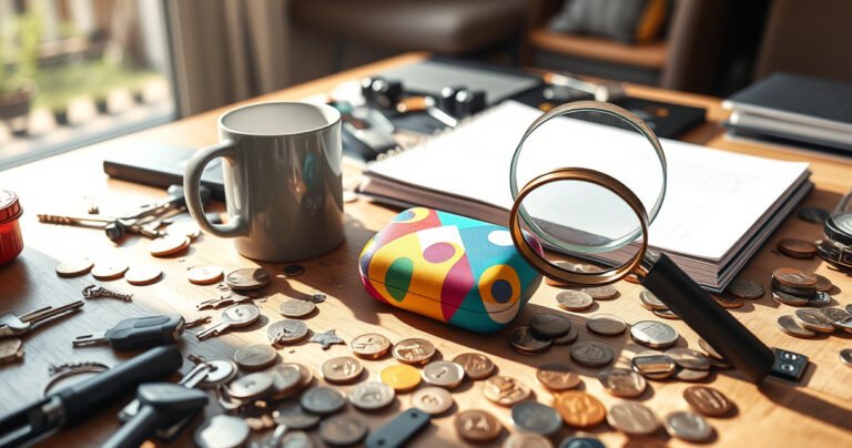A cluttered table scattered with everyday items like keys, coins, and a coffee mug, but prominently features a colorful, stylish earbuds case partially hidden under a notebook. Bright sunlight streams through a nearby window, casting playful shadows, while a magnifying glass leans against the case, suggesting a playful search for lost treasures.