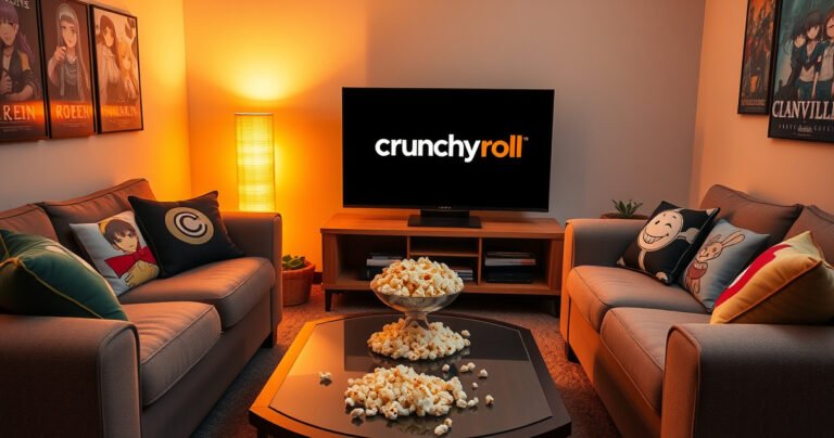 A cozy living room setting with a sleek Vizio TV displaying the Crunchyroll logo, surrounded by plush couches adorned with colorful anime-themed cushions. Warm lighting casts a welcoming glow, while a bowl of popcorn sits on a coffee table, hinting at an exciting anime marathon. Subtle anime posters decorate the walls, adding vibrant energy to the scene.
