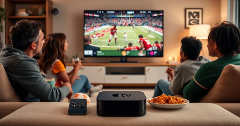 A cozy living room scene featuring a sleek Apple TV set up in front of a large flat-screen TV displaying an exciting sports game, with a family of diverse individuals gathered around, enjoying snacks and drinks, vibrant team jerseys on display, and a glowing ambiance that captures the thrill of streaming sports together.