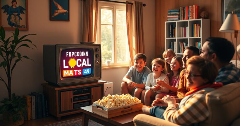 A cozy living room scene featuring a vintage wooden TV set displaying vibrant local channels. A cheerful family gathered around, enjoying popcorn, with sunlight streaming through the window, illuminating a collection of colorful books and a potted plant nearby. The atmosphere is warm and inviting, evoking a sense of connection and nostalgia without cable.