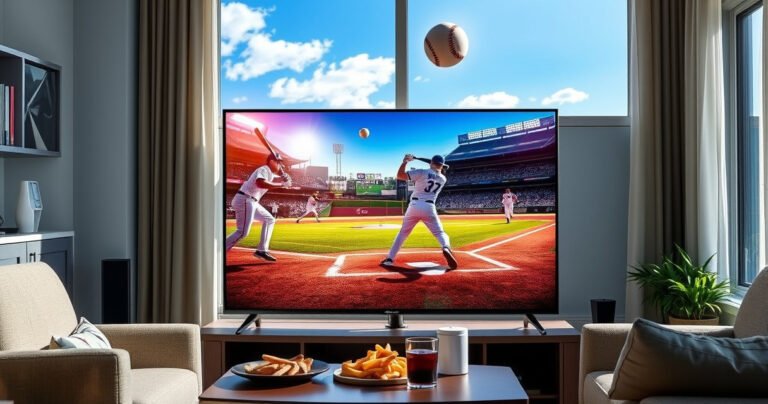 A sleek LG Smart TV displaying a vibrant MLB game in action, vivid colors capturing players in dynamic poses, baseballs soaring through a bright blue sky, a cozy living room setting with snacks and drinks on a table, sunlight streaming through a window, evoking excitement and anticipation for baseball fans.