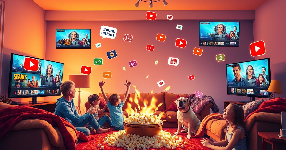 A vibrant living room scene with a family excitedly watching multiple screens showing different YouTube TV streams, colorful graphics floating around depicting various shows, an overflowing popcorn bowl, cozy blankets, and a playful pet, all bathed in warm, inviting light, capturing the essence of entertainment and family bonding around streaming technology.