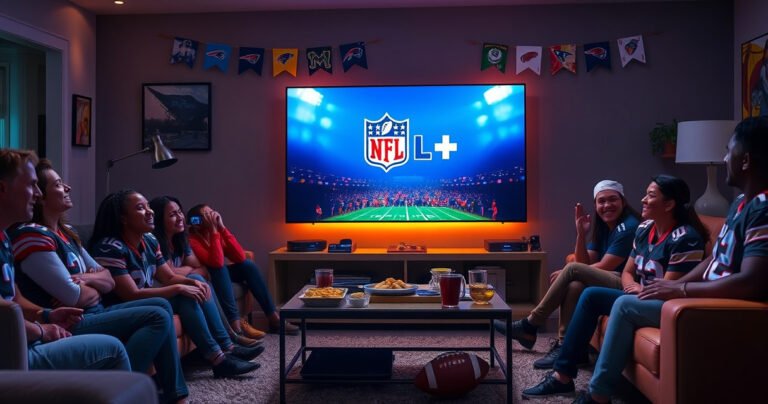A vibrant living room scene featuring a sleek Samsung TV displaying the NFL+ logo, surrounded by enthusiastic fans wearing football jerseys, snacks on a coffee table, and a cozy atmosphere with dimmed lights. The excitement of game day fills the air, with colorful team banners and a football on the floor, embodying the ultimate viewing experience.
