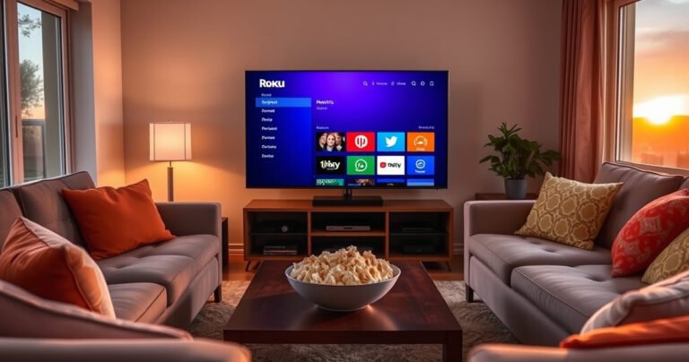 A cozy living room featuring a sleek smart TV displaying the Roku interface, surrounded by plush sofas, colorful throw pillows, and a warm, inviting ambiance. A bowl of popcorn rests on a coffee table, and a window shows a sunset outside, casting a golden glow that enhances the scene of modern entertainment.