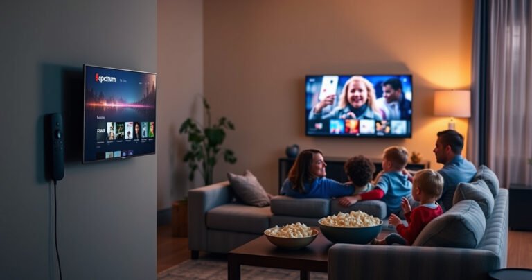 A cozy living room scene featuring a sleek Fire TV mounted on a wall, vibrant Spectrum app interface displayed on the screen, a family gathered on a plush couch enjoying a movie night, soft ambient lighting, popcorn bowls on a coffee table, and the glow of the TV casting a warm atmosphere in the room.