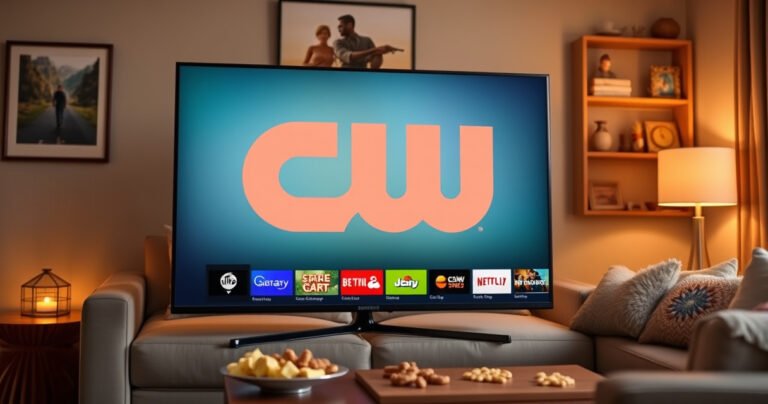 A sleek Samsung TV displaying the vibrant CW logo on its screen, surrounded by colorful app icons. In the background, a cozy living room setting with a plush sofa, warm lighting, and a coffee table with snacks, inviting viewers to connect and enjoy streaming their favorite shows.