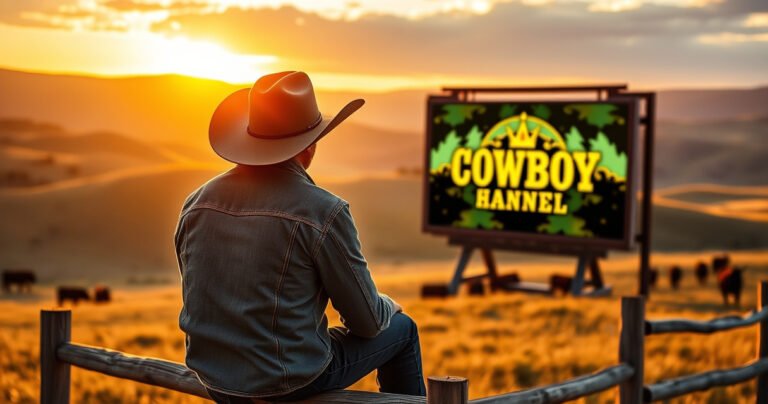 A rustic cowboy sitting on a wooden fence in the golden glow of sunset, wearing a wide-brimmed hat and denim jacket, watching a vibrant screen displaying the Cowboy Channel’s logo surrounded by wild west imagery, with rolling hills and grazing cattle in the background, evoking a sense of adventure and nostalgia.
