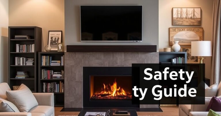 A cozy living room featuring a sleek flat-screen TV mounted above a modern gas fireplace, surrounded by elegant decor. Warm amber flames dance below, casting a glow on the stylish, contemporary furnishings. A well-organized bookshelf and plush seating create an inviting atmosphere, while a subtle safety guide graphic overlays the image, emphasizing the article's topic.