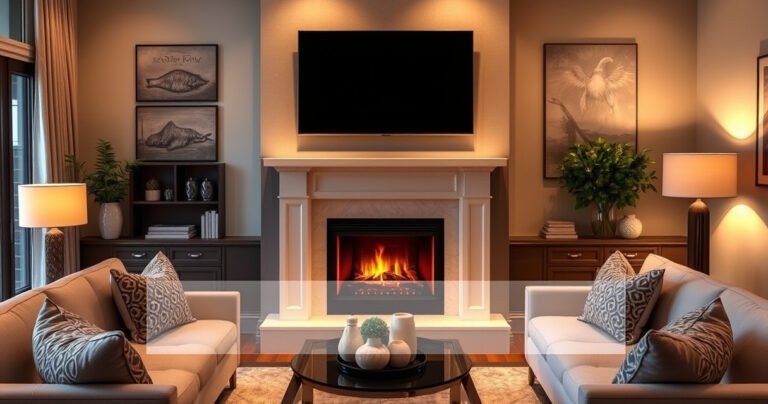 A cozy living room showcasing a stylish fireplace with a mounted flat-screen TV above it, surrounded by elegant decor. Soft, warm lighting illuminates the space while plush furniture and a decorative mantle create an inviting atmosphere. Infuse the scene with subtle safety tips displayed artistically, blending seamlessly with the homey ambiance.