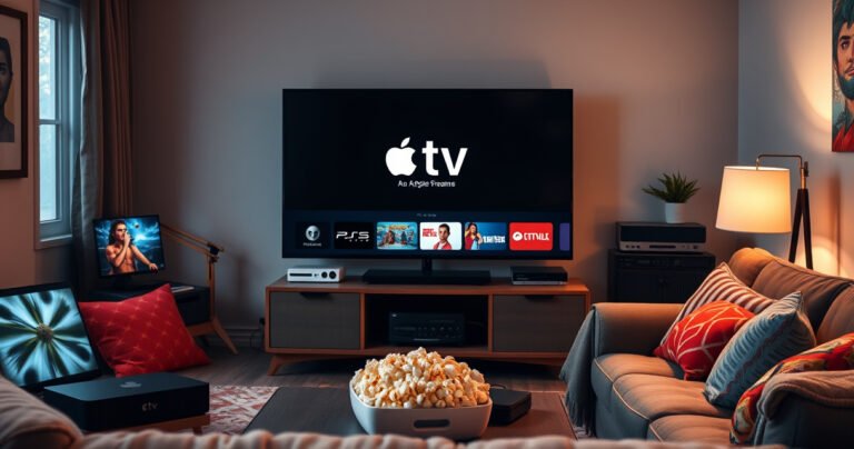 A cozy living room with a large flat-screen TV displaying the Apple TV interface, surrounded by a mix of vintage and modern devices like a gaming console, laptop, and streaming box. Soft ambient lighting, a plush sofa with colorful cushions, and a bowl of popcorn on a coffee table, inviting viewers into the world of streaming possibilities.