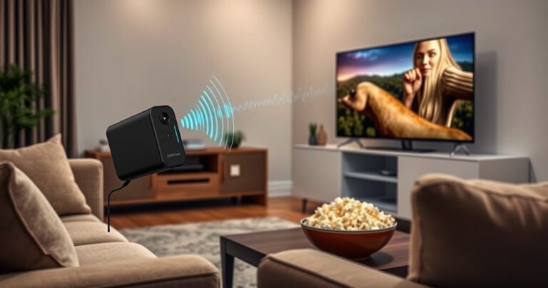 A cozy living room scene featuring a sleek Bluetooth speaker connected wirelessly to a modern flat-screen TV, with vibrant sound waves visually emanating from the speaker. Soft lighting illuminates the plush furniture, and a bowl of popcorn sits invitingly on a coffee table, creating a warm, inviting atmosphere perfect for movie nights.