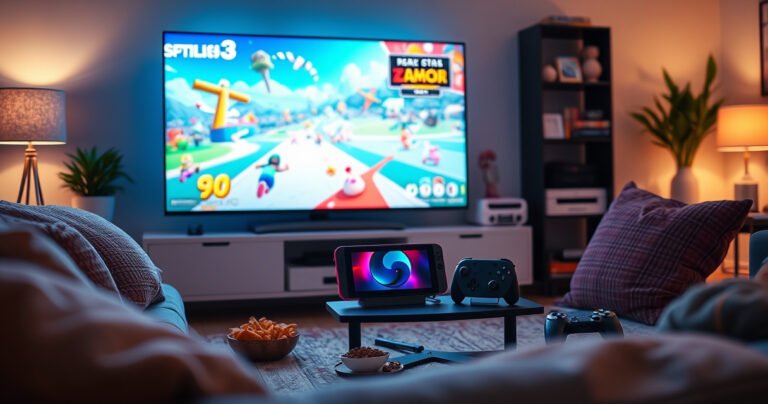 A cozy living room scene featuring a Nintendo Switch Lite placed on a stylish gaming stand, connected to a large, vibrant TV displaying colorful game graphics. Surround the setup with plush cushions, snacks, and dim ambient lighting, creating an inviting atmosphere perfect for gaming. Include playful gaming accessories scattered around to enhance the fun vibe.