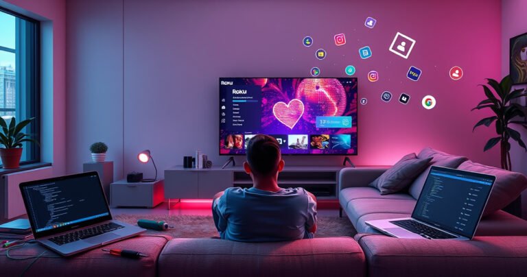 A futuristic living room with a sleek Roku TV displaying a vibrant, glitchy interface, surrounded by scattered tools like a screwdriver, a laptop showing code, and colorful wires. A person sits on the couch, intrigued, with a puzzled expression, as digital streams of data and icons float around, symbolizing the concept of jailbreaking technology.