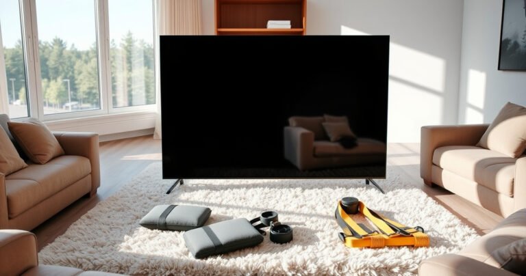 A sleek, modern living room with a large flat-screen TV laid carefully on a plush, soft surface, surrounded by cozy furniture. A bright, open window with sunlight streaming in, casting gentle shadows. Safety gear like foam pads and straps neatly arranged nearby, emphasizing the importance of careful handling. A serene atmosphere that invites relaxation and safety awareness.